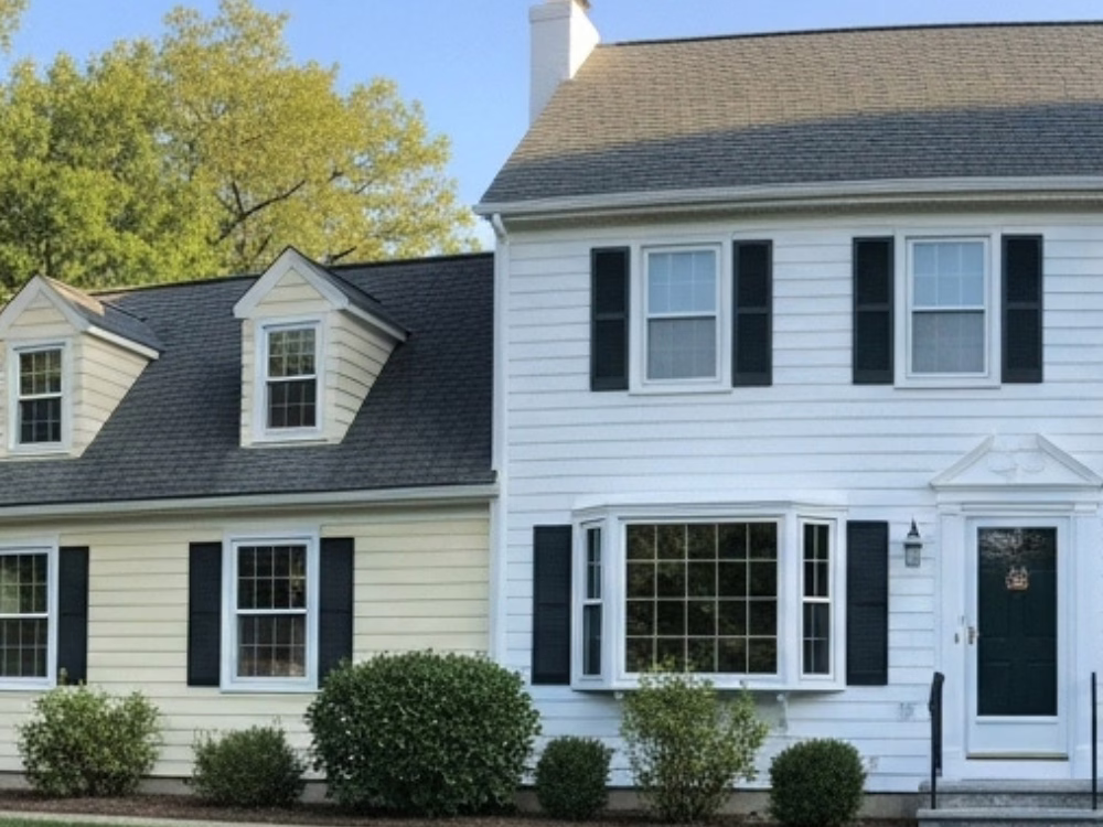 Front view of a freshly painted and well-maintained house with white and cream siding, dark shutters, and trimmed shrubs—showcasing expert Property Refresh Services.