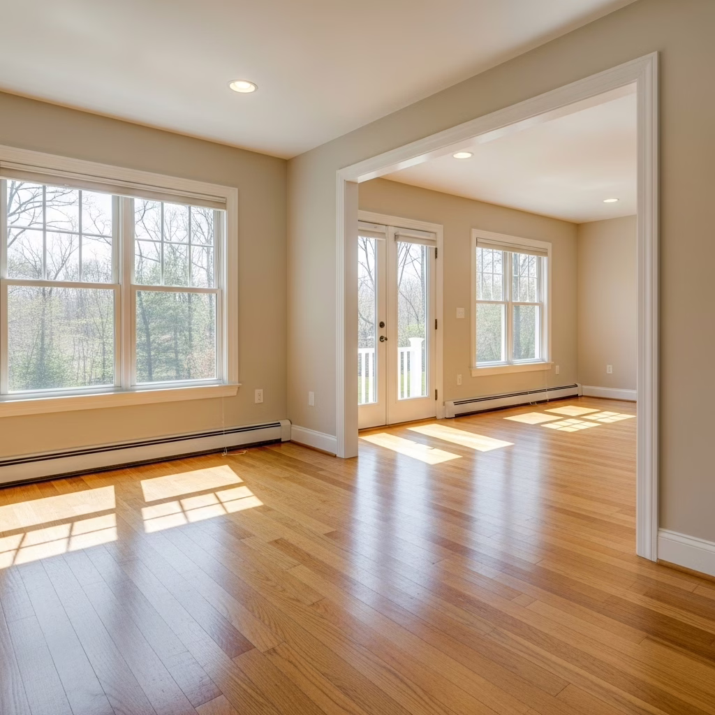 Bright interior of a home with hardwood floors and sunlight streaming through large clean windows.