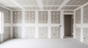 Interior of a room showing newly completed drywall installation and taping with smooth, even seams and clean corners.
