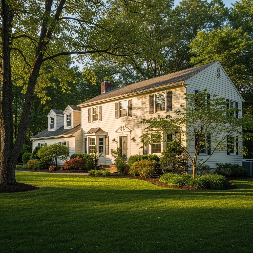 Classic Connecticut-style white house with lush green lawn and mature trees during golden hour.