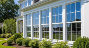 Streak-free residential window cleaning with sparkling glass reflecting the greenery — professional window and glass door cleaning in Connecticut