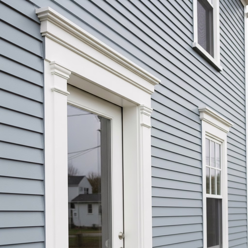 Close-up of a clean white-trimmed glass door and window on a freshly painted gray exterior.