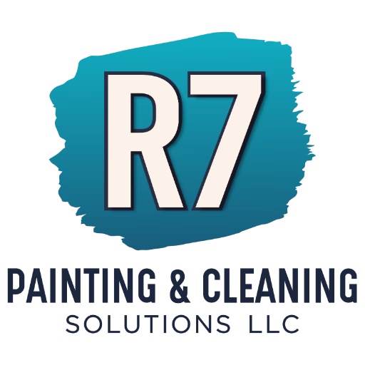 Logo of R7 Painting & Cleaning Solutions LLC with a bold "R7" over a blue paint stroke background.